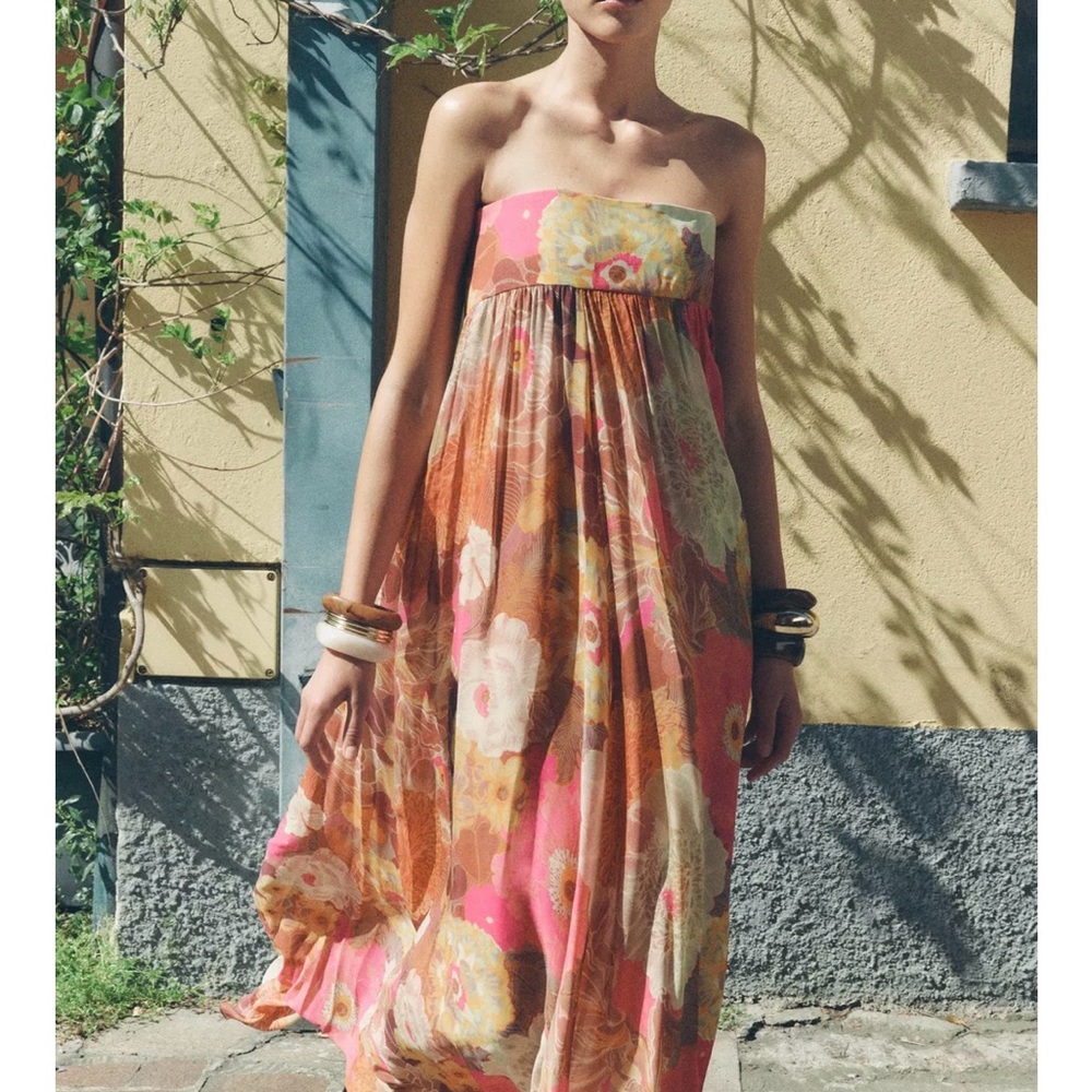 NWOT Zara ZW Collection Floral Strapless Maxi Dress - Pink and Brown